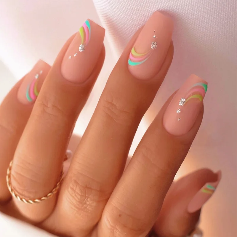 

24pcs Fake Nails Irregular Line Manicure Ins Style Trend Diamond Encrusted Press-on Nail Pieces Suitable As A Gift for Friends