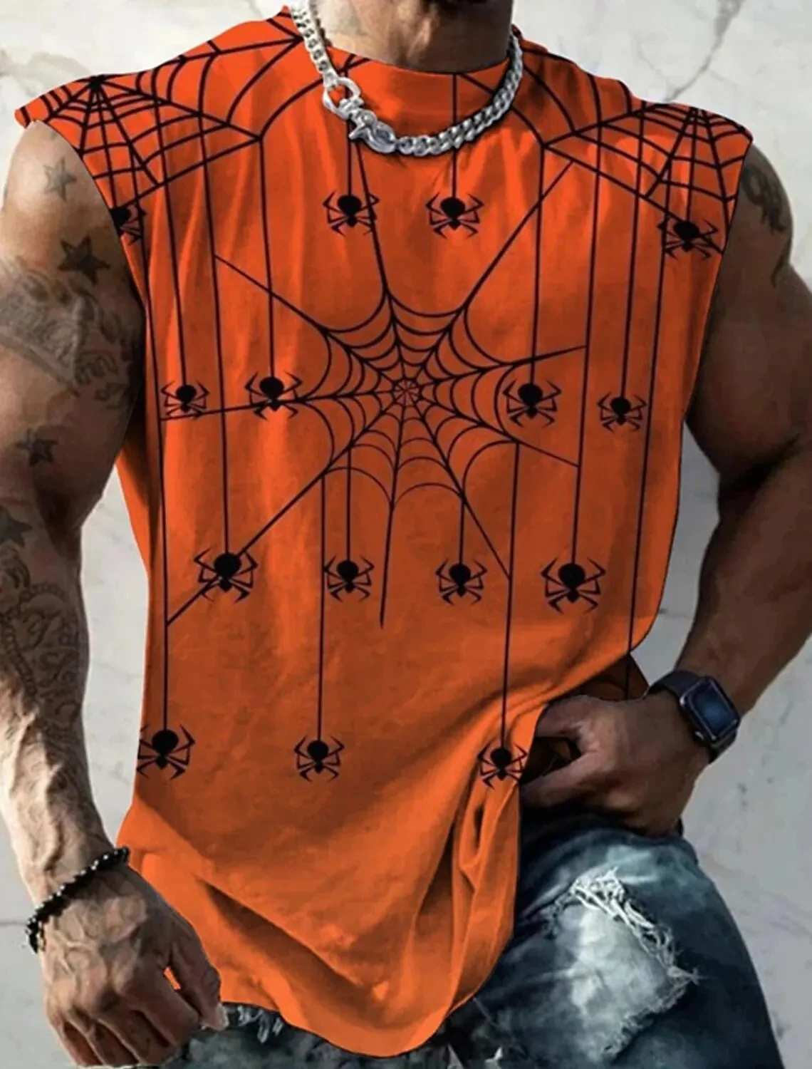 

Halloween Elements Men Tank Tops Spider Web Skull Print O-Neck Sleeveless Streetwear Vests Vacation Fitness Casual Men Clothing