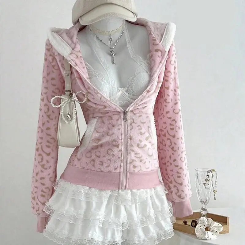 Vintage doce leopardo impressão jaqueta com capuz feminino novo design high street zip up casaco japonês kawaii bonito magro y2k roupas de outono