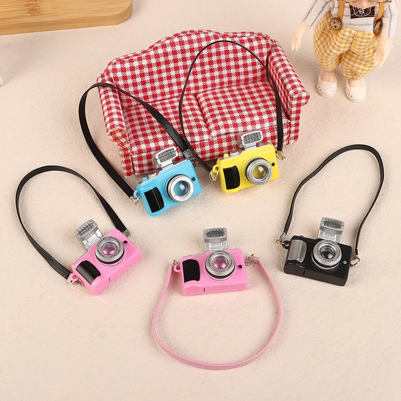 1Pc Mini Doll Camera Model With Flash Leather Lanyard Idol Doll Camera DIY Dollhouse Plastic Toy Dress Up Accessories