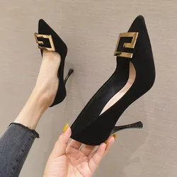 Metal Square Buckle Thin Heel Party Pumps Woman 2024 New Pointed Toe High Heels Shoes Sexy Fashion High Heels Shoes for Women