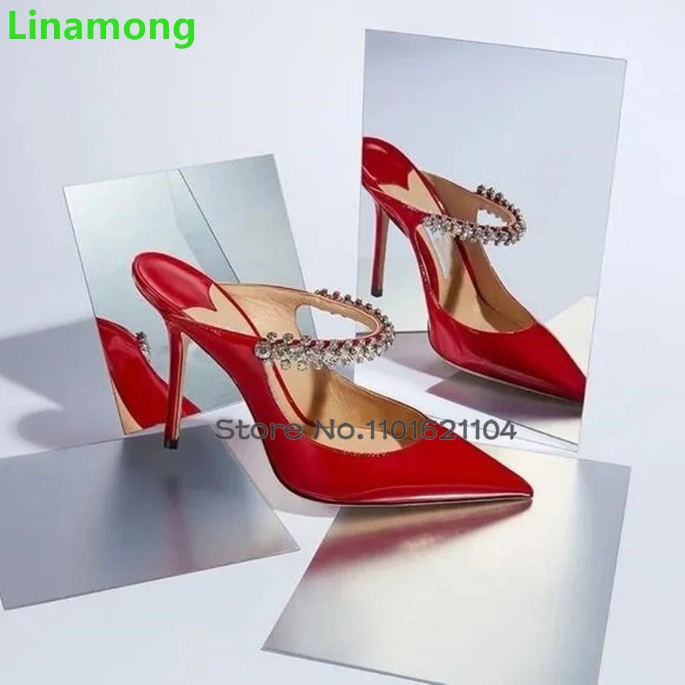 Red Patent Leather Crystal Luxury Slippers For Female Women 2024 New Thin High Heel Pointed Toe Sexy Elegant Solid Sexy Shoes