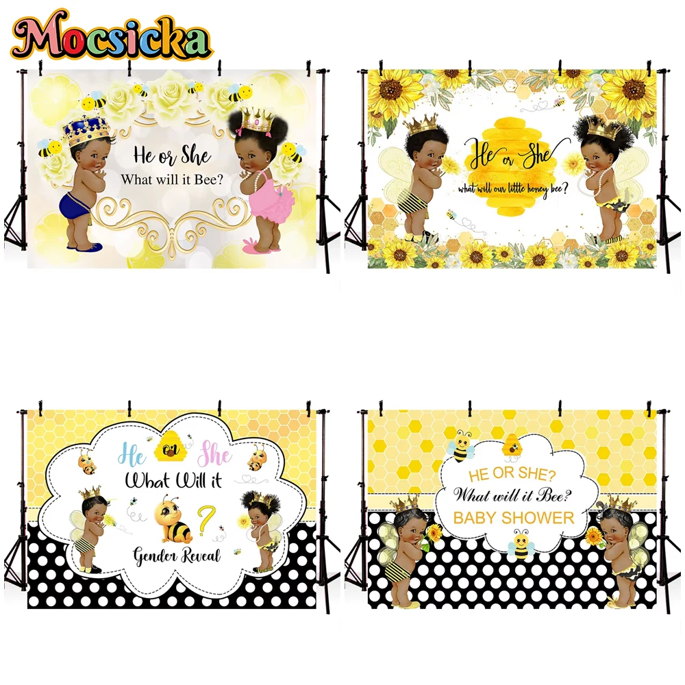 

Mocsicka He Or She Gender Reveal Photography Background Baby Shower Boy Girl Birthday Backdrop Yellow Bee Sunflower Decor Banner
