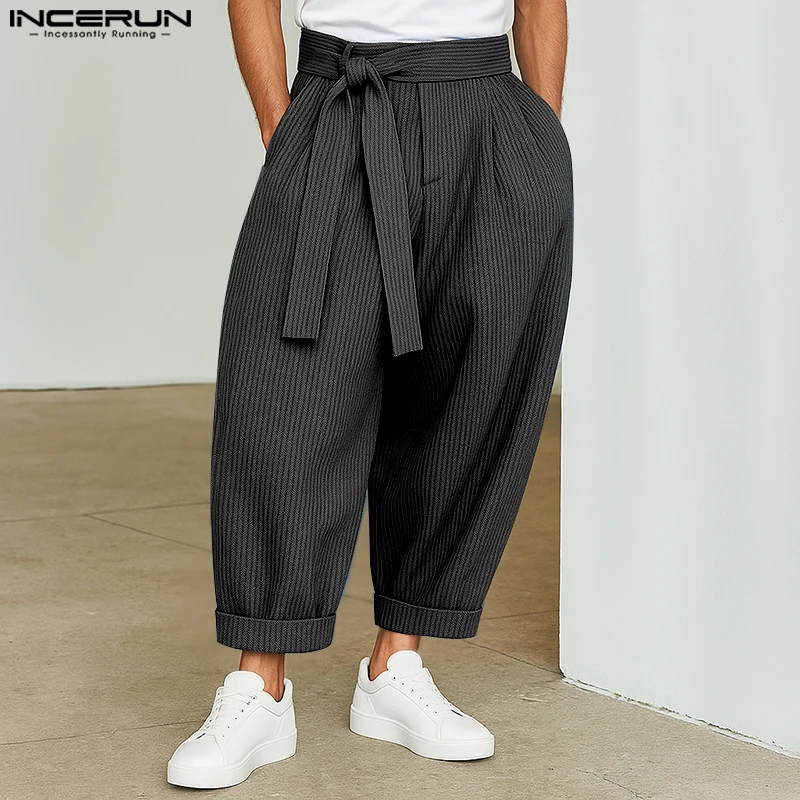 

INCERUN 2025 Men Pants Striped Lace Up Oversize Joggers Casual Trousers Men Streetwear Pocekts Fashion Leisure Male Long Pants