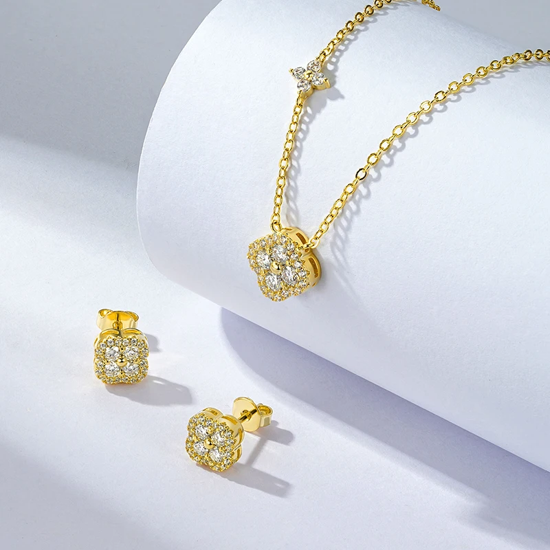 Moissanite Clover Stud Earrings and Pendant Necklace Set