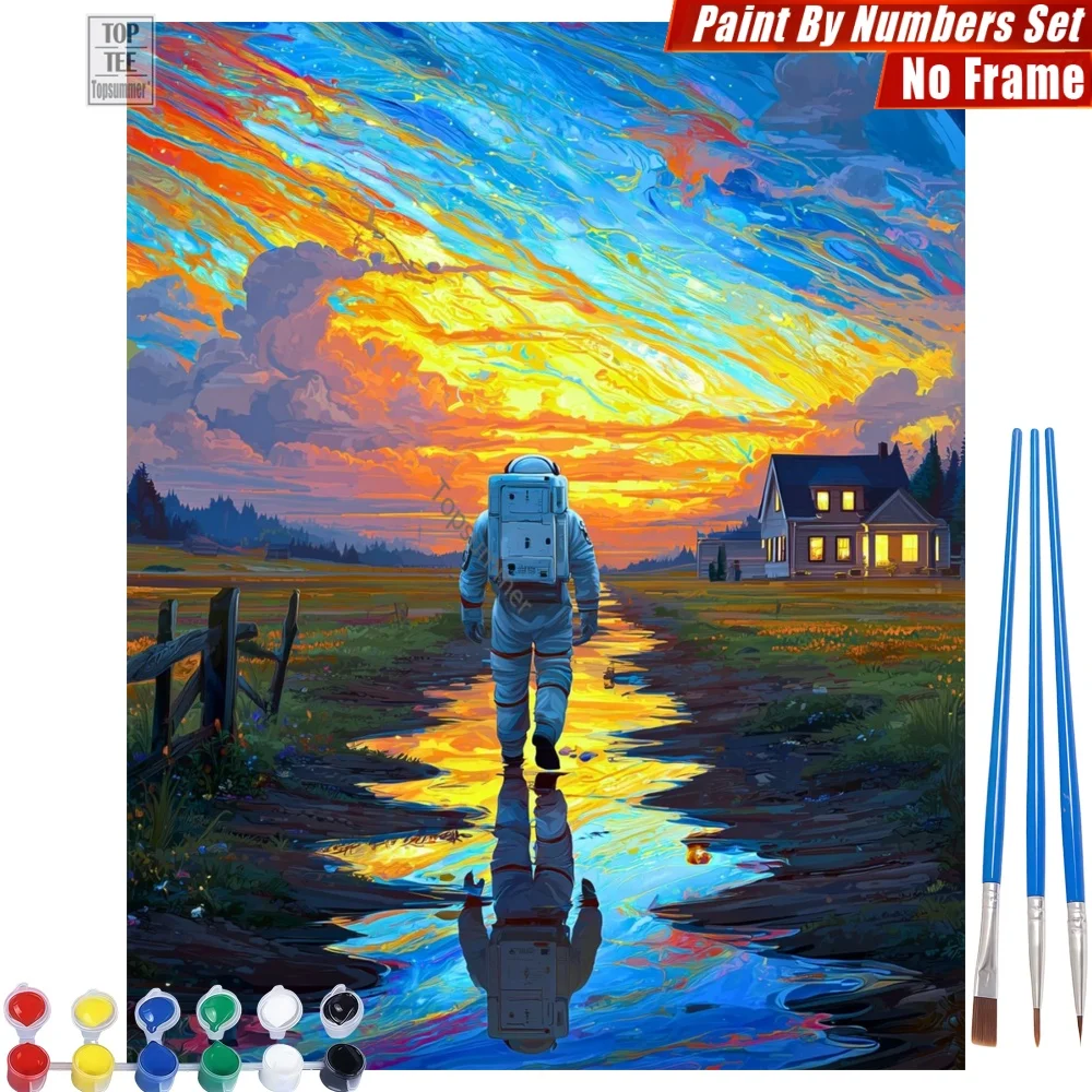 Kit de pintura por números DIY de astronauta al atardecer - Escena de ciencia ficción con reflexiones, regalo de Halloween para novia