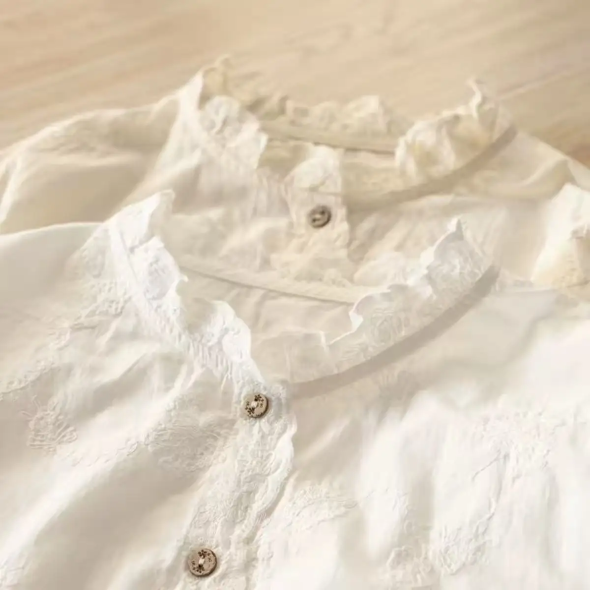 Mori Girl Floral Embroidered Cotton Shirt Ruffled Stand Collar Scalloped Lace Trim Placket Long Sleeve Blouse Boho Clothes