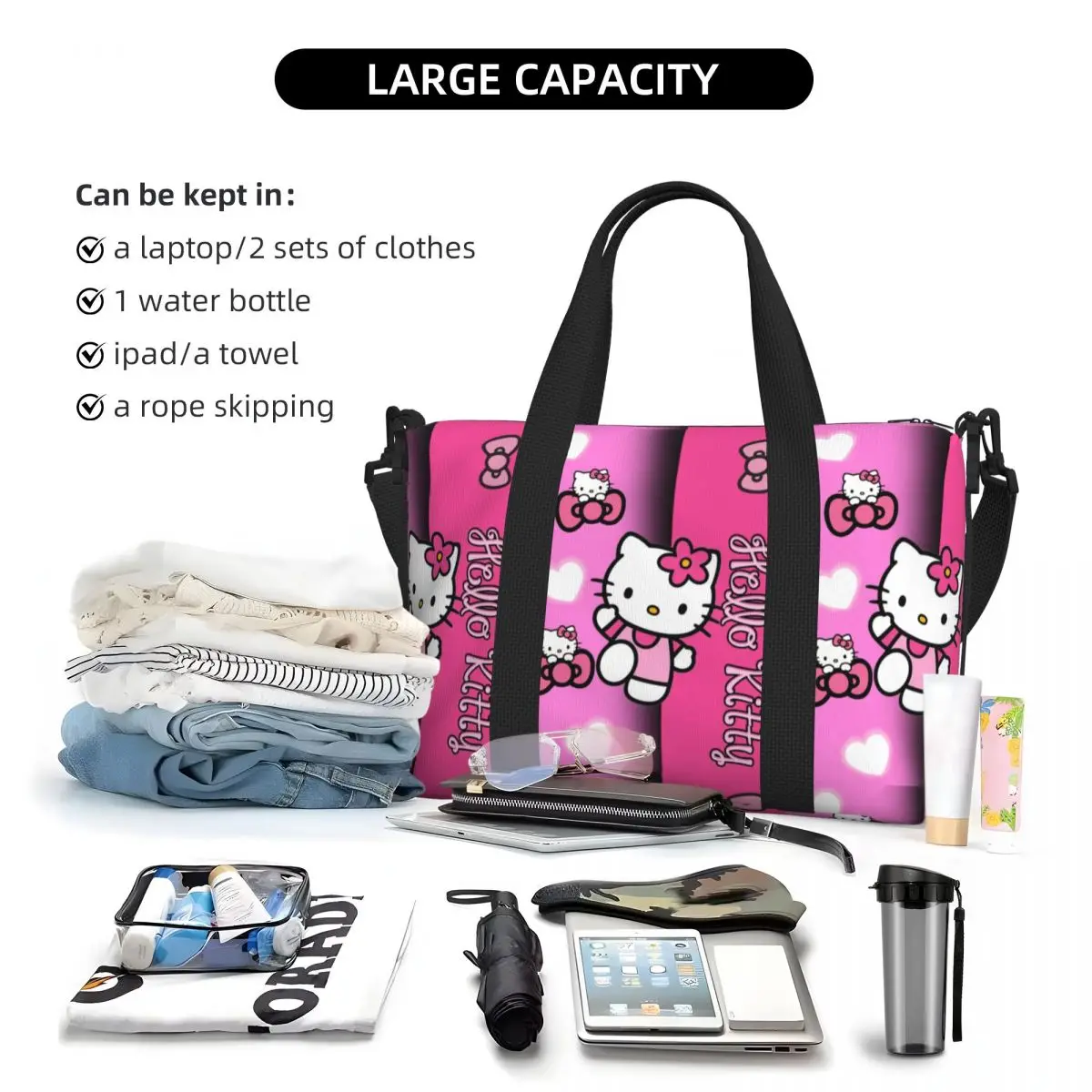 Custom Hello Kitty Tote Bag Women Large Capacity Kitty White Gym Beach Shoulder Travel Bag