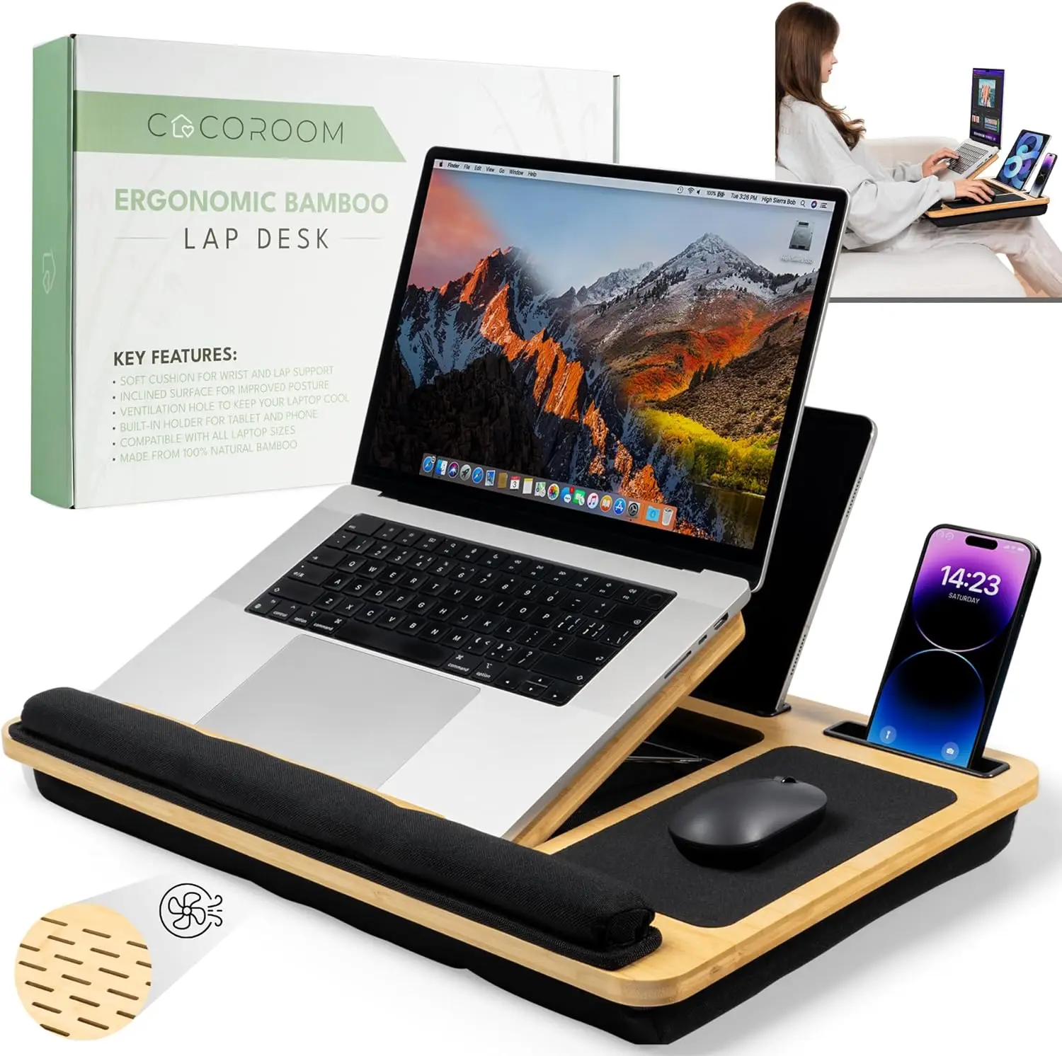 

Портативный столик для ноутбука с подушкой, 5 углами наклона, держателем для телефона и ковриком для мыши для ноутбуков 15-17 дюймов, черный