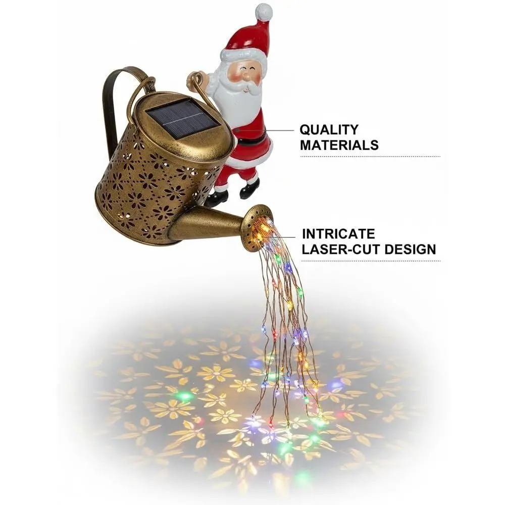 Solar Powered Santa Kettle Lights LED Illumination Plastic and Metal Christmas Garden Light Perforated Watering Can Ground Stake