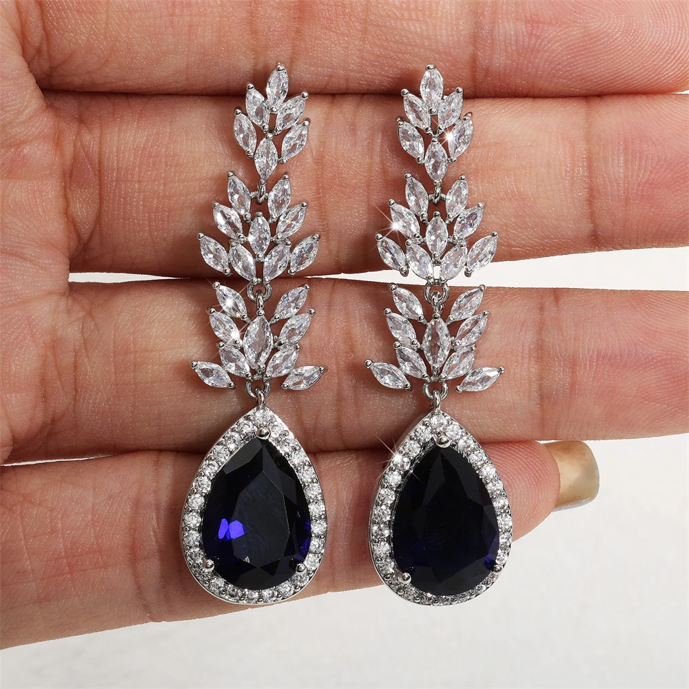 ZAKOL Luxury Leaf Cubic Zirconia Long Bridal Earrings for Women Fashion Water Drop Silver Color Wedding Jewelry Bijoux