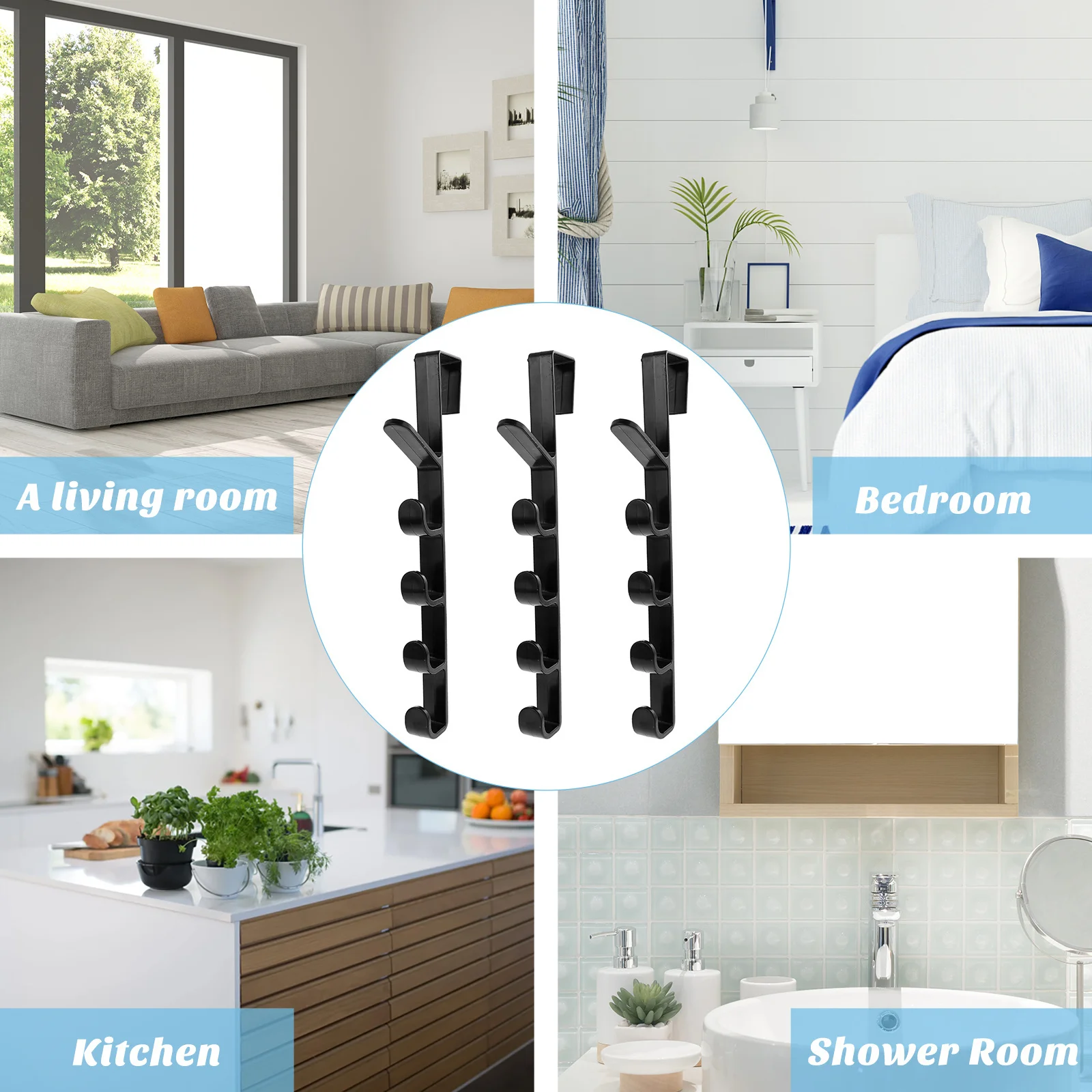 

3pcs Five-Tier Over Door Hook Hanger Door Back Coat Hat Towel Organizer For Bathroom Kitchen Bedroom Garage Locker Office Abs