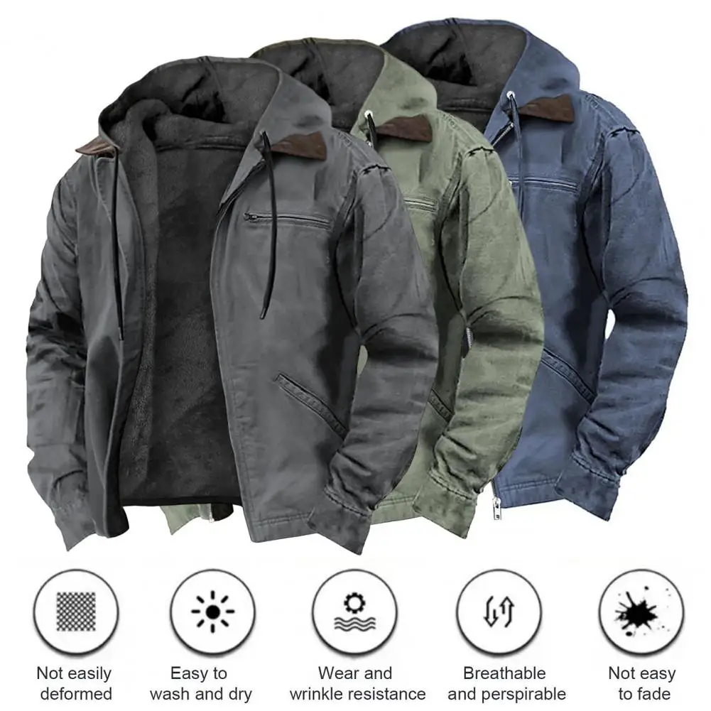 Men Jacket Men's Hooded Sweatshirt Coat with Plush Lining Multiple Pockets Zipper Closure Winter Jacket for Men