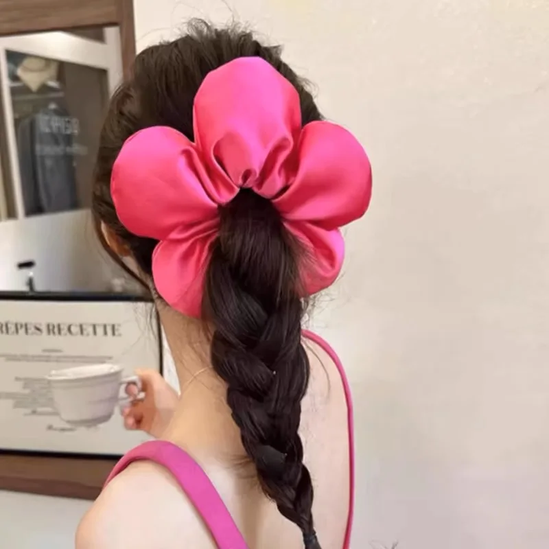 Coletero de flores esponjosas de gran tamaño para mujer, cuerda para el cabello, banda para el cabello exagerada de satén de color coreano, accesorios