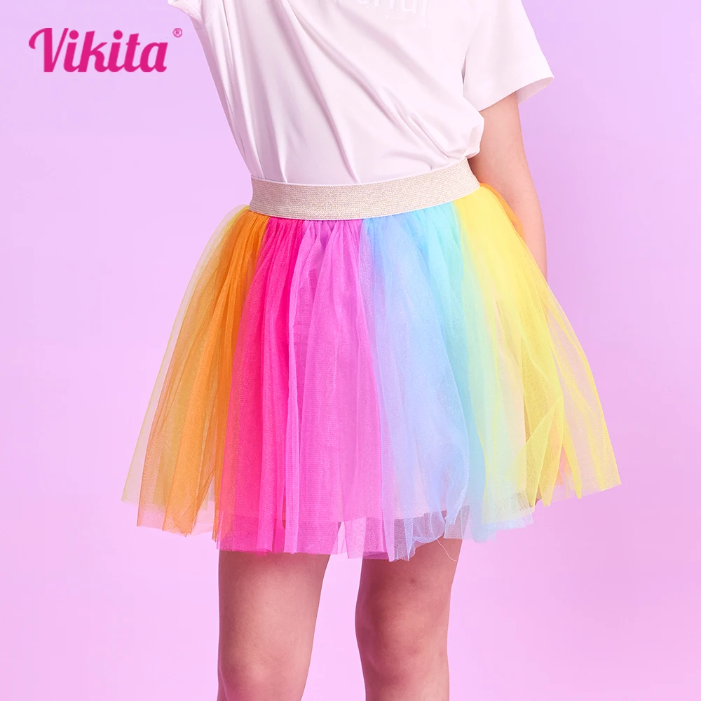 

VIKITA Girls Rainbow Colorful Multicolor Skirt Kids Birthday Party Prom Gown Performance Ballet Mini Skirts Children Clothing