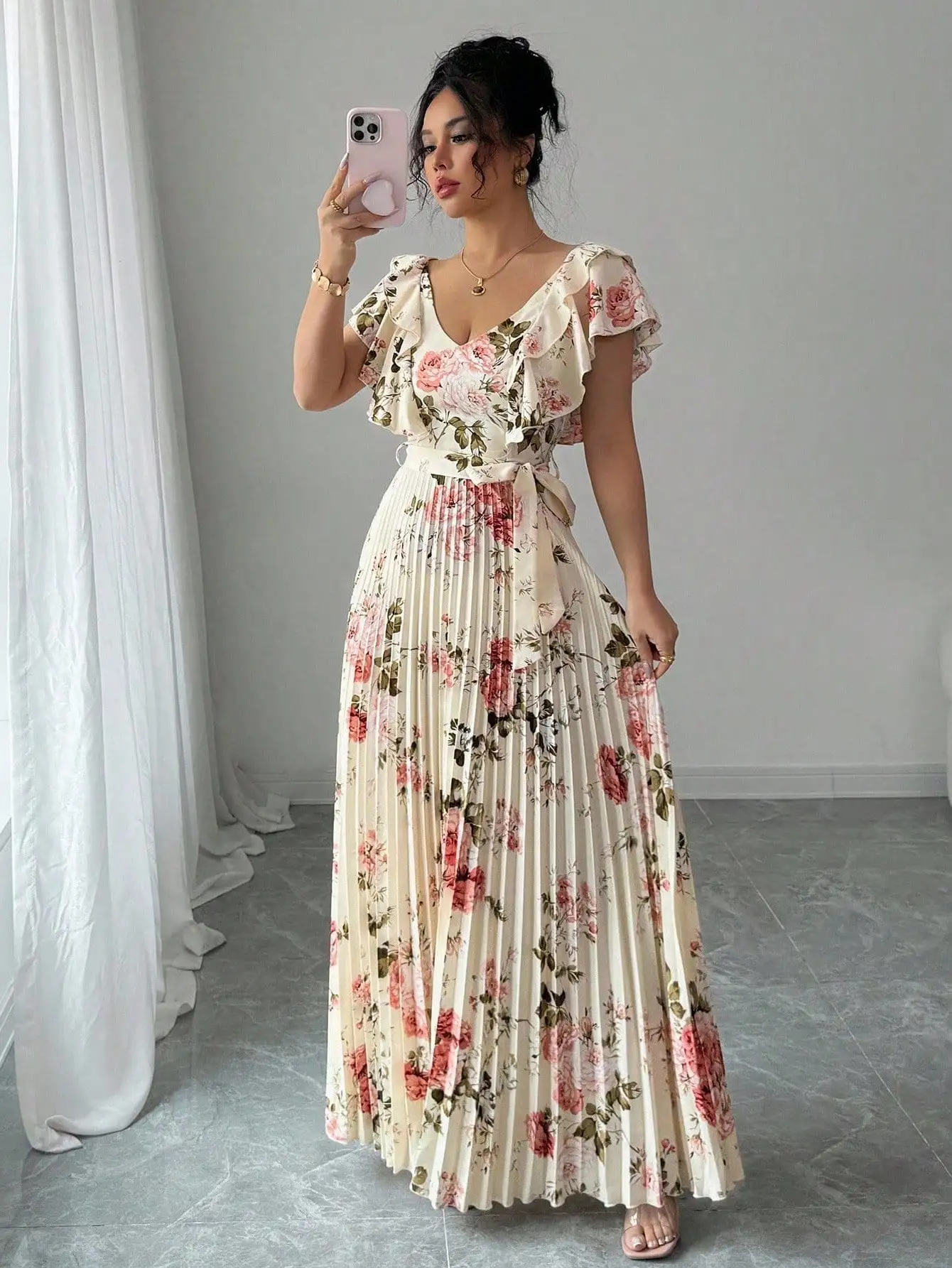 

Floral Print V-Neck Ruffle Sleeve Pleated Maxi Dress for Women