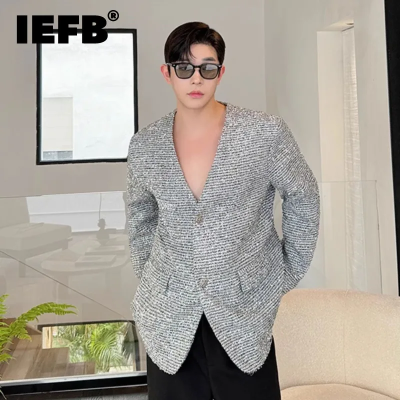 

IEFB 2024 Fashion Men's Blazers Asual Sequins Single Breasted Solid Color Collarless Loose Male Suit Jackets Personalized 9C7942