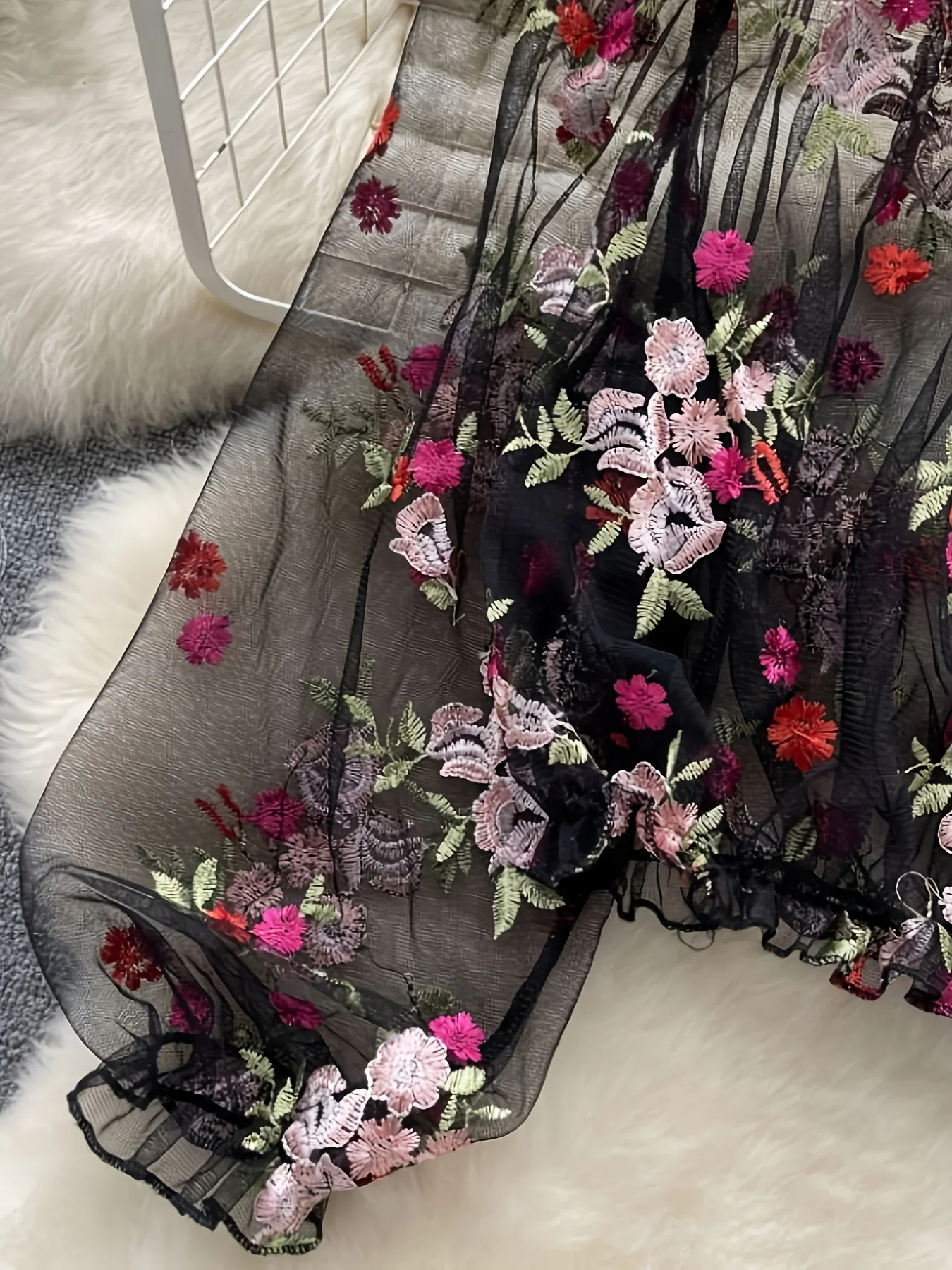 Pure Desire Off-Shoulder Mesh Embroidery See-Through Loose Short Long-Sleeve Top Blouse Lace Shirt