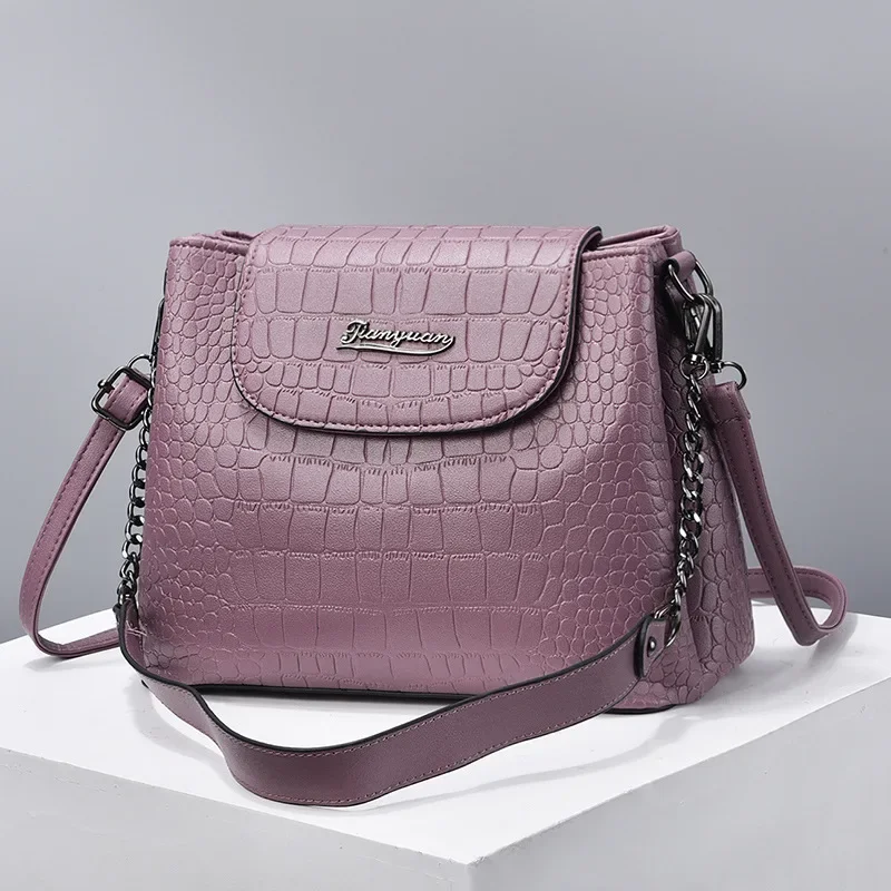 TRAVEASY Fashion 2024 Large Capacity PU Leather Shoulder Bag for Women Casual Alligator Pattern Solid Color Female Crossbody Bag