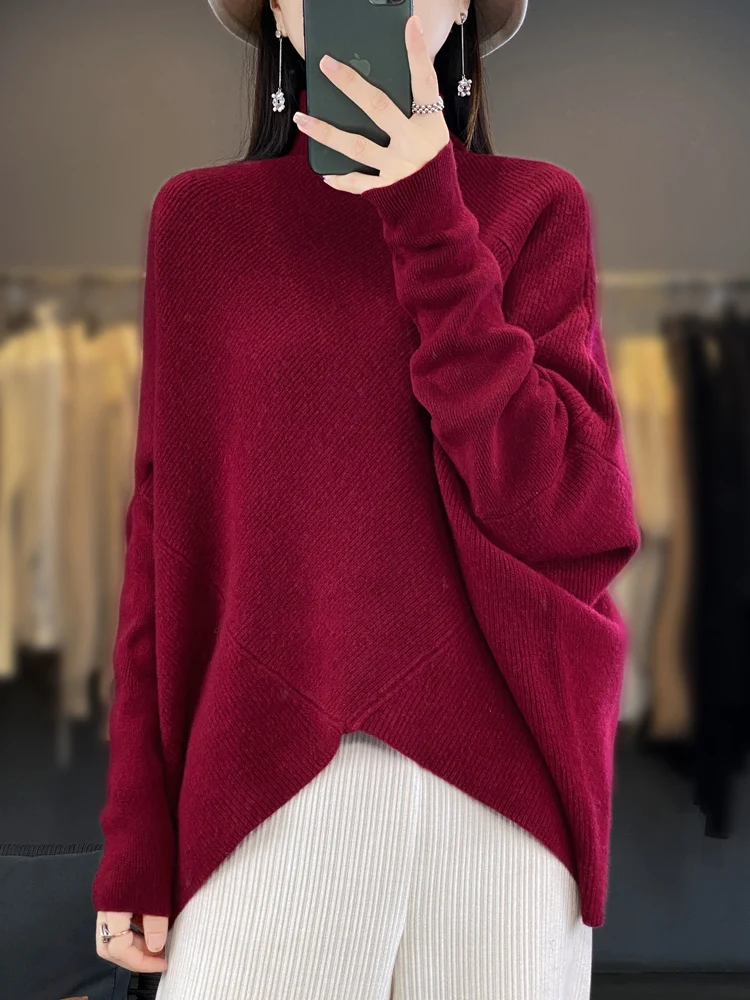 Light Luxury Autumn Winter Women Sweater 100% Merino Wool Knitted Pullover Loose Outerwears Long Sleeve Cashmere Clothing Tops