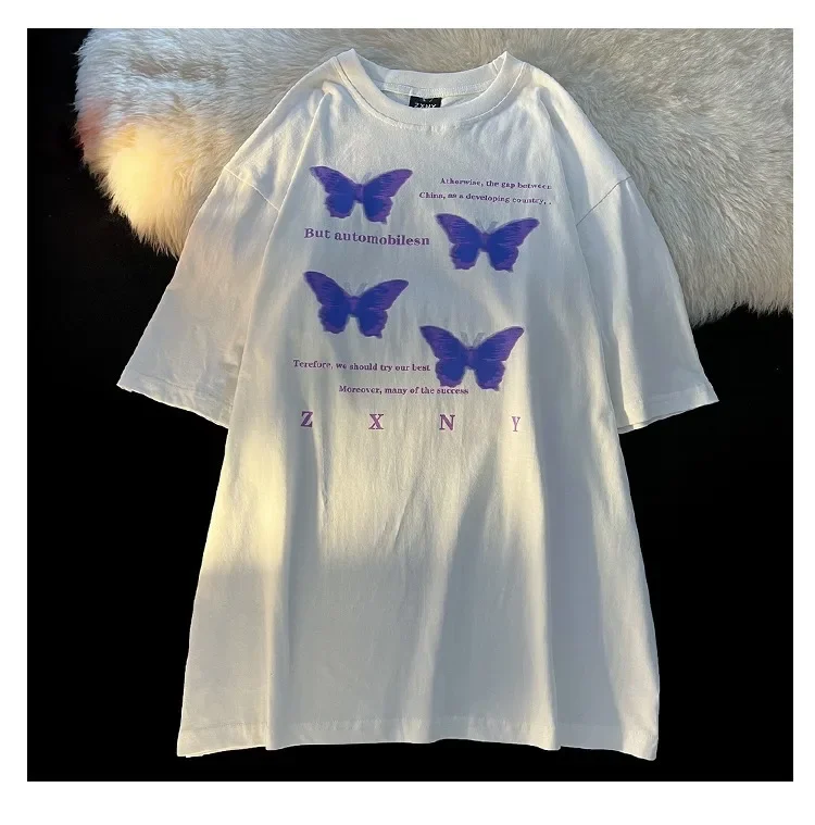 Women\'s T-shirt Butterfly Print Short Sleeve T-Shirt Femme Summer 2022 Top Gothic Casual Oversized Tee Vintage Tops