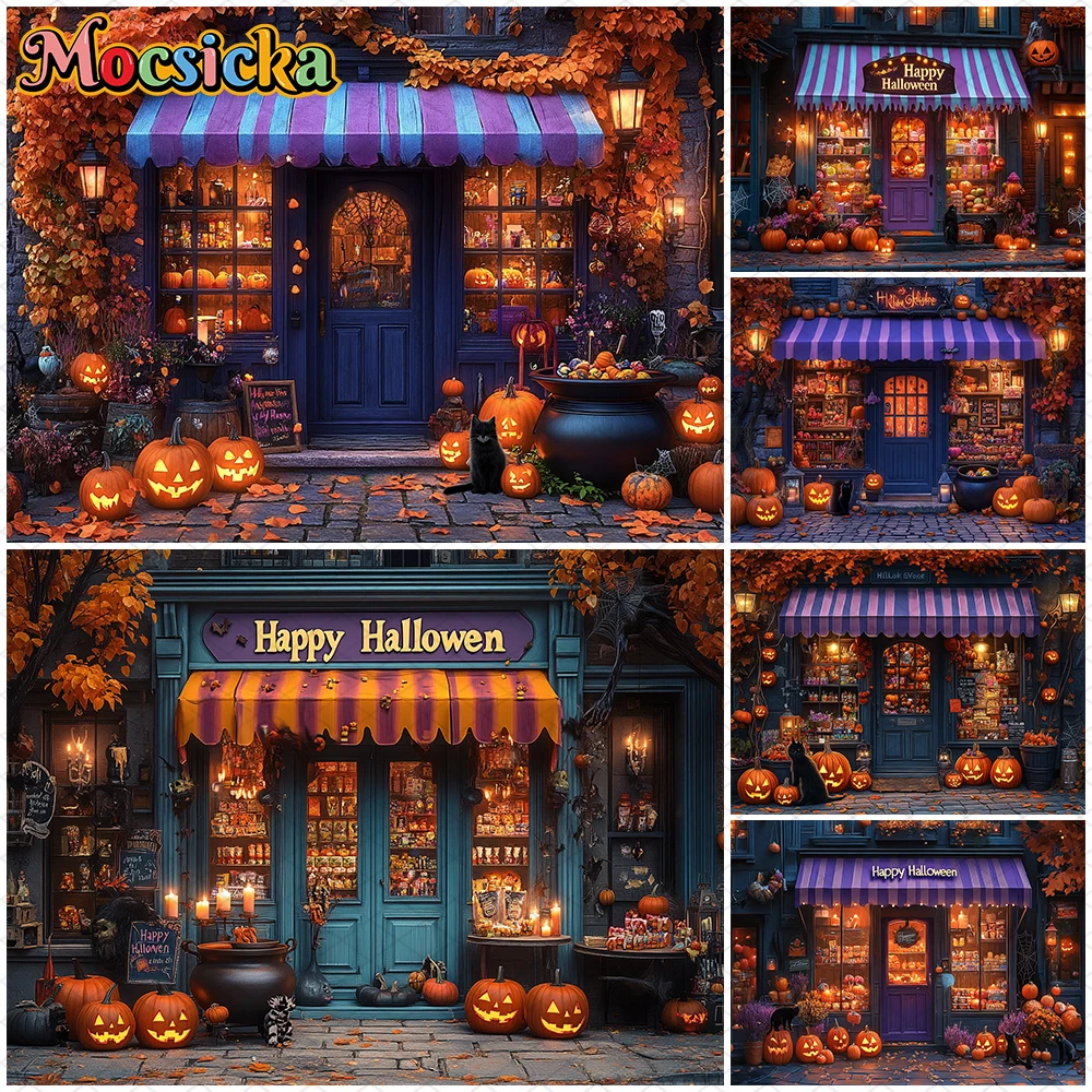

Mocsicka Happy Halloween Background Photography Pumpkin Party Shop Backdrop Night Yellow Leaves Jack-O-Lantern Decoration Banner