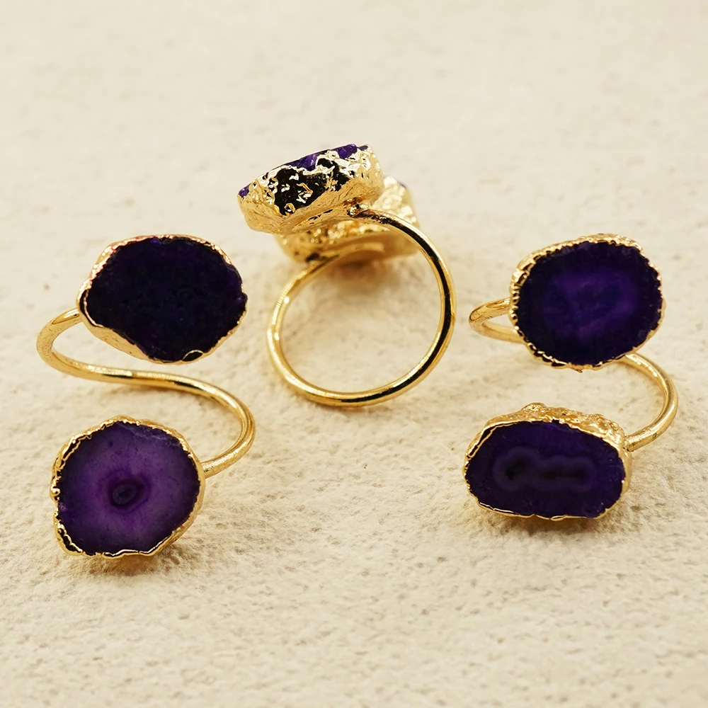 Irregular Agate Slices Open Cross Ring for Women Girls Boho Rough Natural Stone Sunflower Finger Jewelry Wedding Party Gift