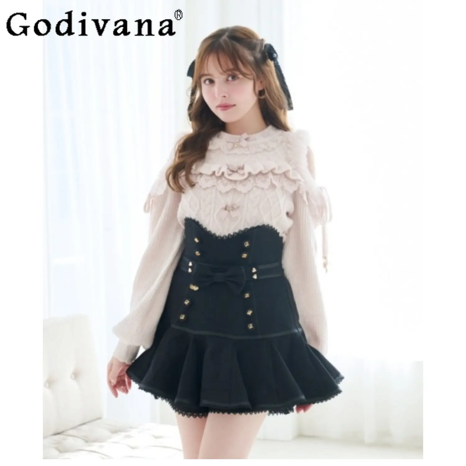 

2026 Spring Japanese Liz Sweet Bow Lace Knit Top Skirts Set Girls Women Detachable Straps Fishtail Skirt Sweater Lolita Outfits