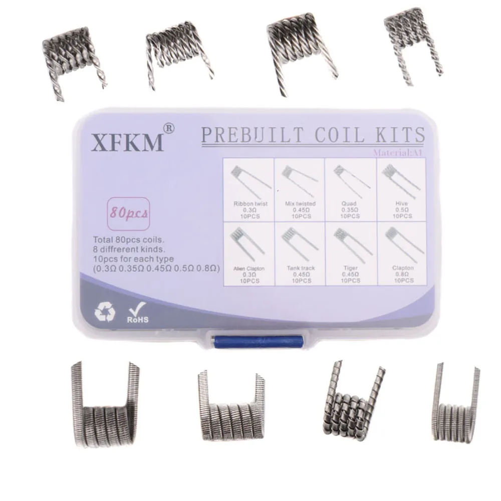 XFKM 80pcs 8 in 1 A1/316L Alien Clapton Coil Flat Twisted Fused Clapton Quad Tiger Heating Wire Resistance coil