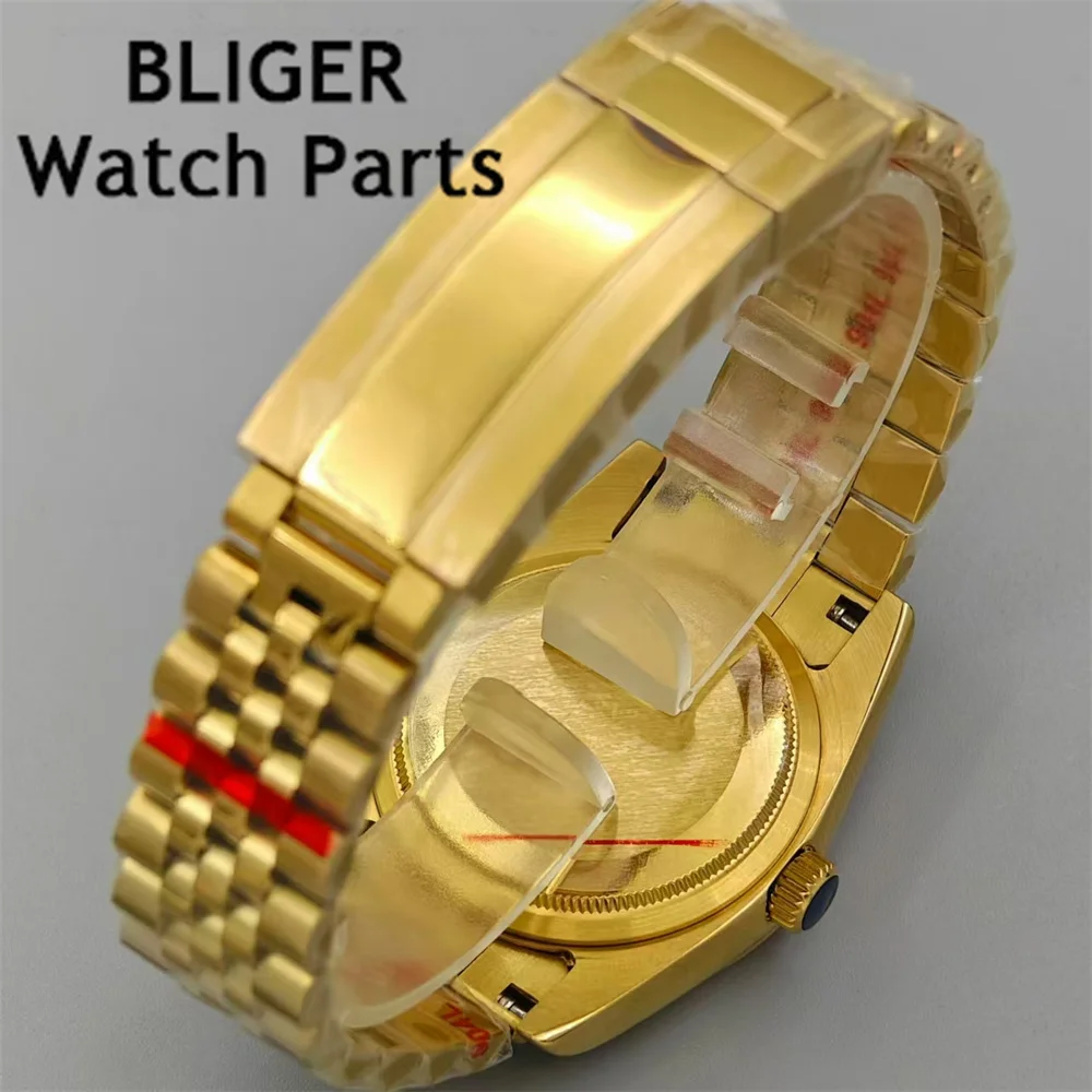 BLIGER 36mm/39mm Luxury Gold Men Watch NH35 Automatic Movement Steel Case Bracelet  Super blue Green Luminous Sapphire Glass