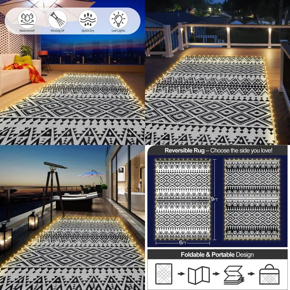 

Водонепроницаемый уличный коврик со светодиодной подсветкой, двусторонний пластиковый коврик для патио, автофургона, кемпинга и пляжа, черный и белый