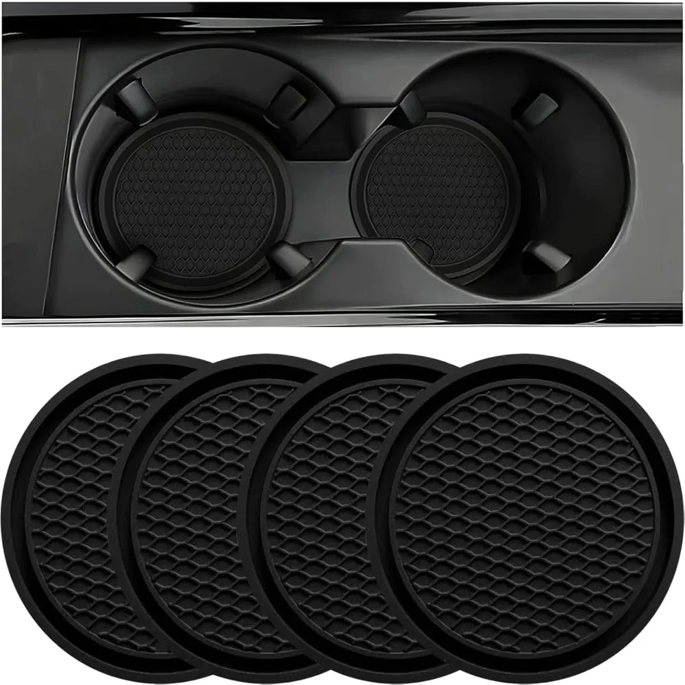 4-Piece Set Universal Car Cup Mat Anti-Slip Embedded Decorative Black Car Interior Accessories Set