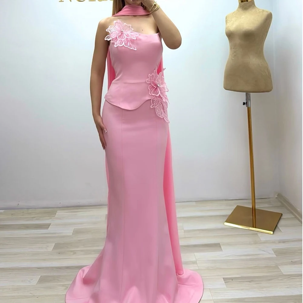 Abiti da sera a trapezio personalizzati Abito da ballo senza maniche senza spalline lungo fino al pavimento Fiori di moda Abito da festa drappeggiato con stola semplice