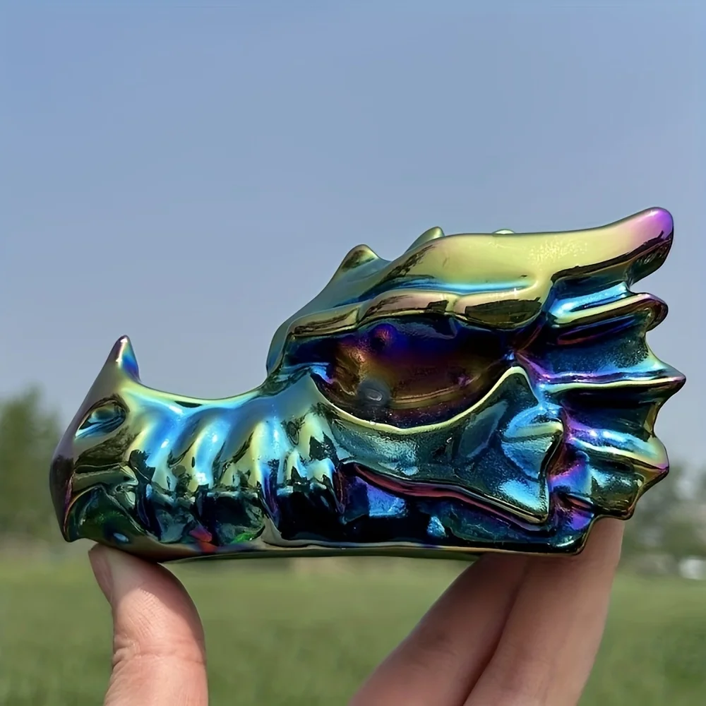 Handgeschnitzte böhmische Regenbogen-schillernde Halo-Drachenkopfskulptur aus Titan – Stein-Drachen-Skulptur, schillernde Skala, Heimdekoration