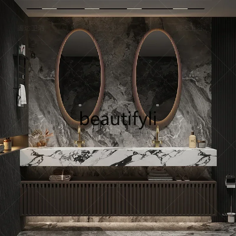

Light luxury hotel wind rock slab seamless double basin bathroom cabinet washstand solid wood hand washbasin cabinet