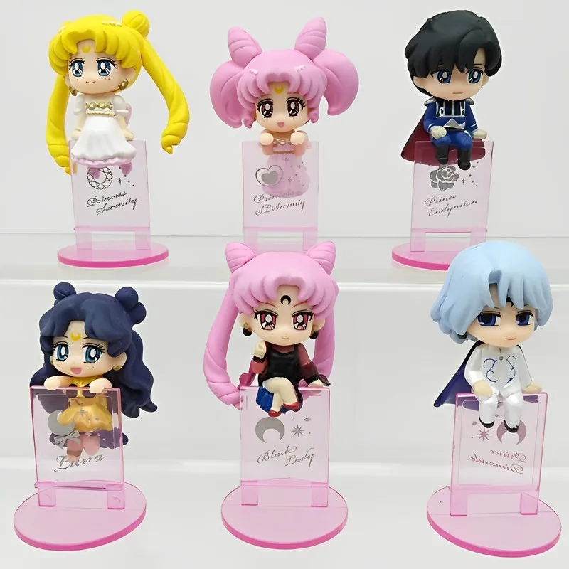 Ochatomo Series Sailor Moon R Night & Day Pvc Figures Toys 6pcs/set Serenity Black Lady Small Lady Chiba Mamoru Diamond Toy Gift