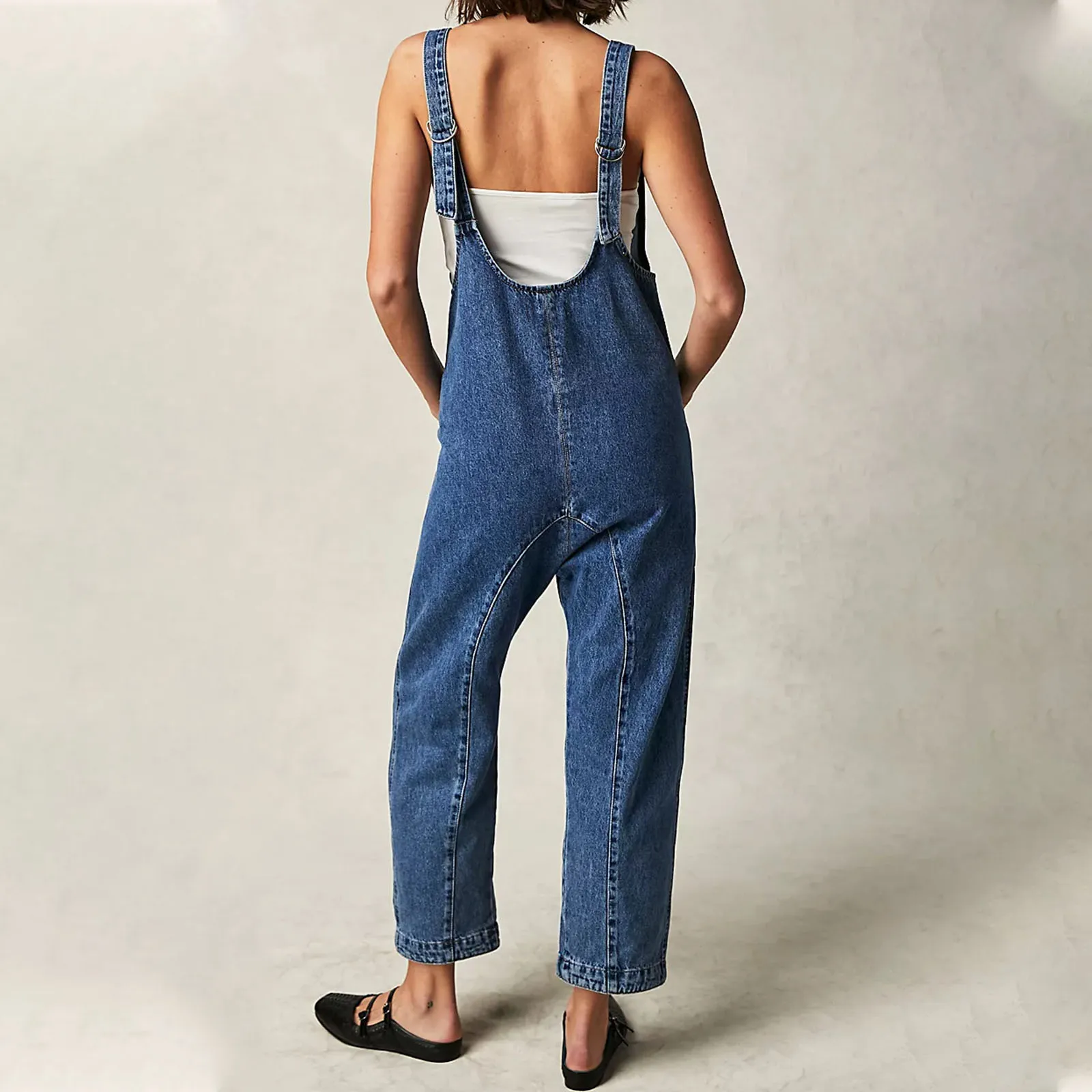 Women Oversized Denim Bib Overalls Solid Color Loose Jumpsuit Romper Slouchy Relaxed Fit Jumpsuits with Pockets for Streetwear