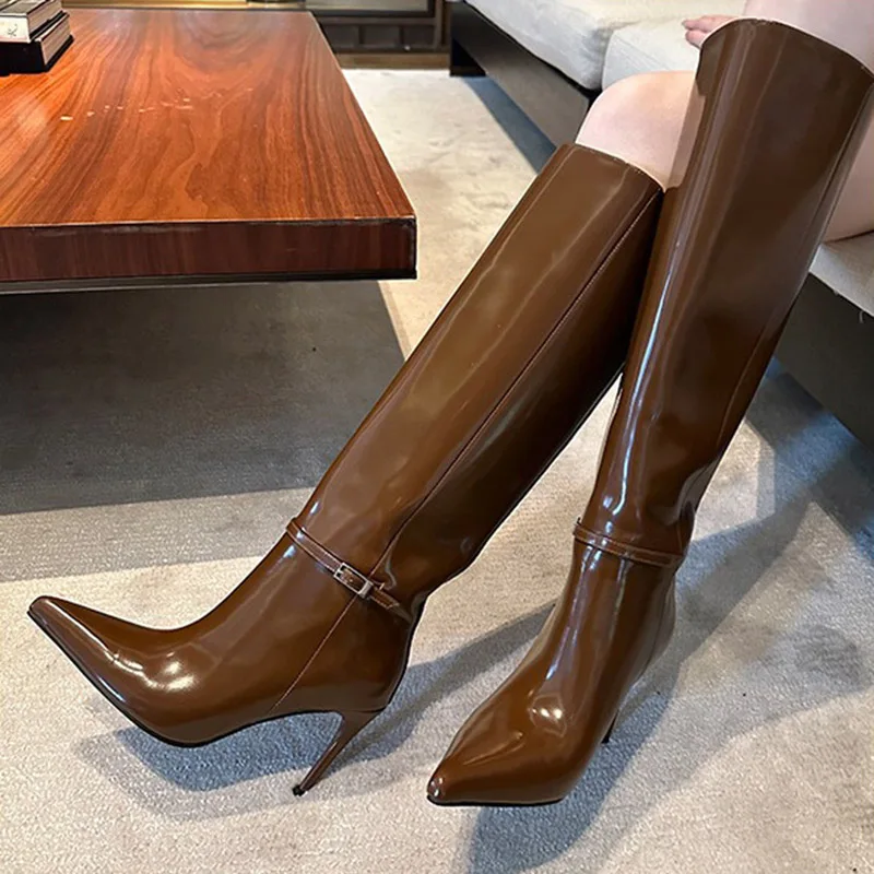 

Новые пикантные сапоги с острым носком и пряжкой на ремне, женские сапоги до колена без шнуровки для женщин, вечерние женские высокие каблуки, длинные женские сапоги-трубы