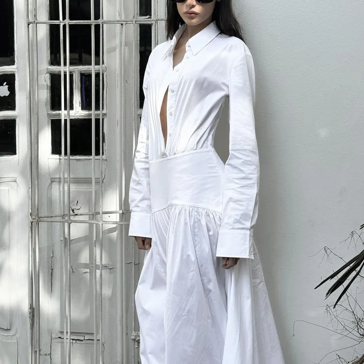 

2026 Spring New White Commuter Pleated A-shaped Long Dress Lapel Long Sleeve Shirt Dress Women