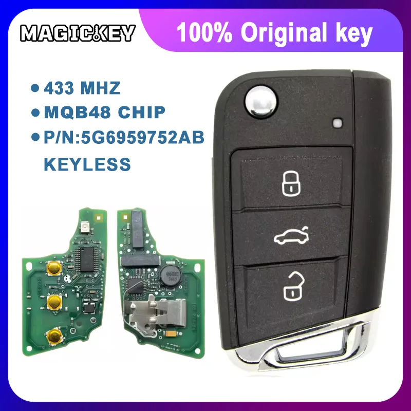 100% Original Key 433mhz 5G6959752AB Original Flip Remote Key MQB48 Chip 433MHz for VW MQB Golf Polo Virtus Tiguan Touran