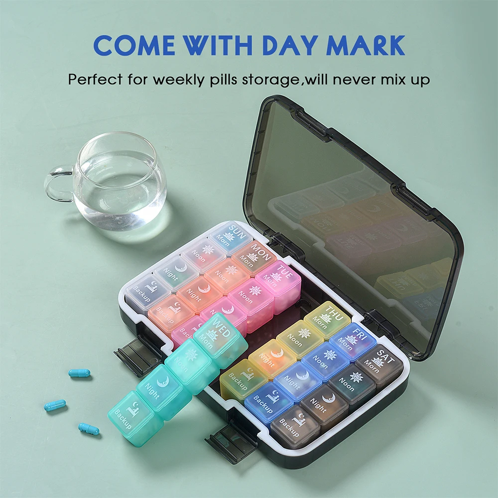 Portable Travel Pill Box 7 Days 21/28 Grids Pill Cases Box Organizer with Large Compartment for Vitamin Medicine Tablet Fish Oil