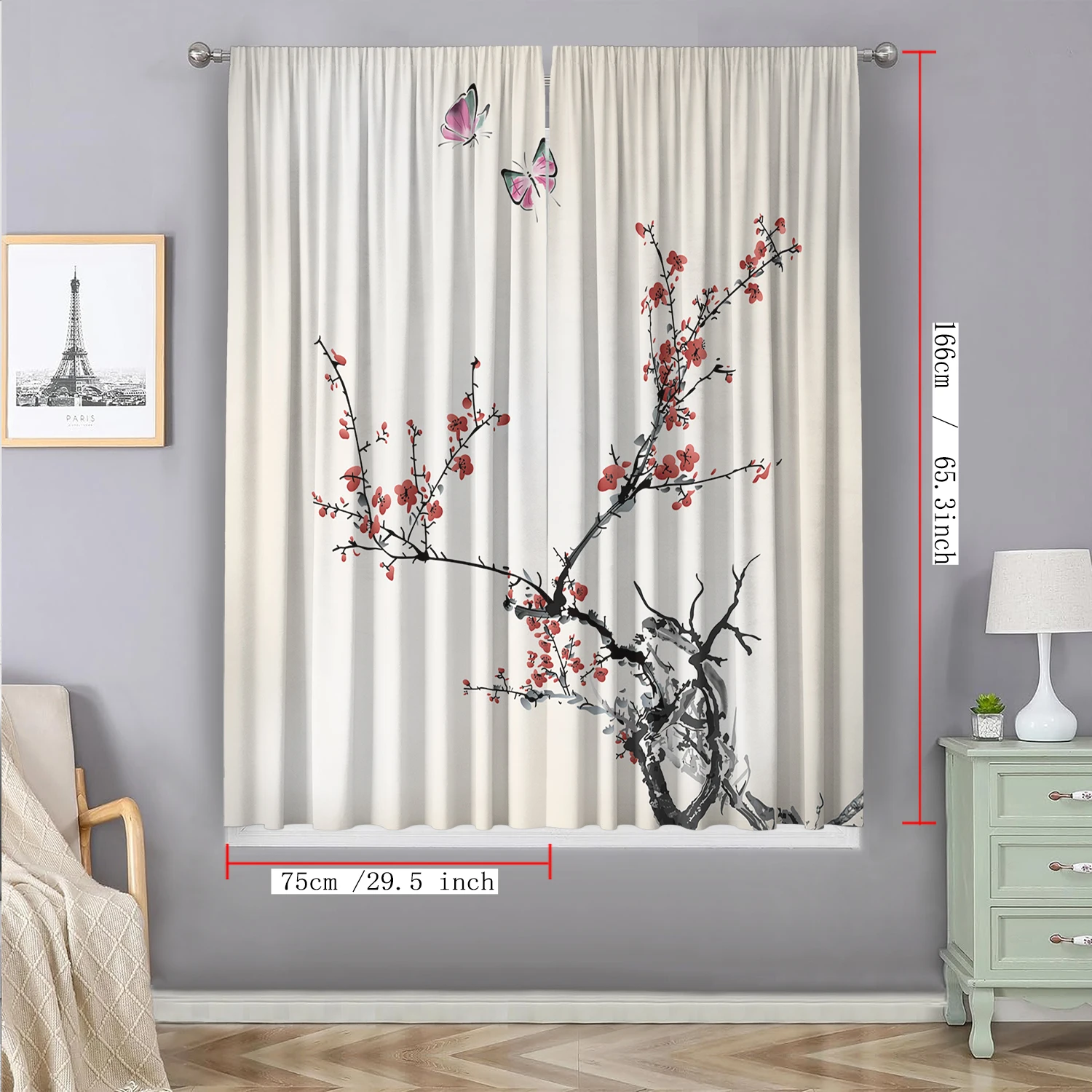 2PC Home Decoration Curtains With Plum Blossom And Peach Blossom Flower Background And Rod Bag Curtains, Suitable For Kitchen