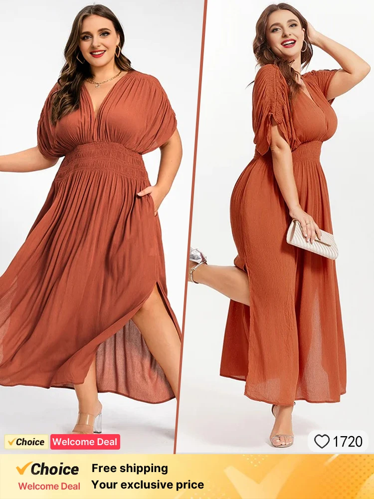 Plus size casual women's dress, orange chiffon fashion dress, summer solid color pleated batwing sleeve women's long dress