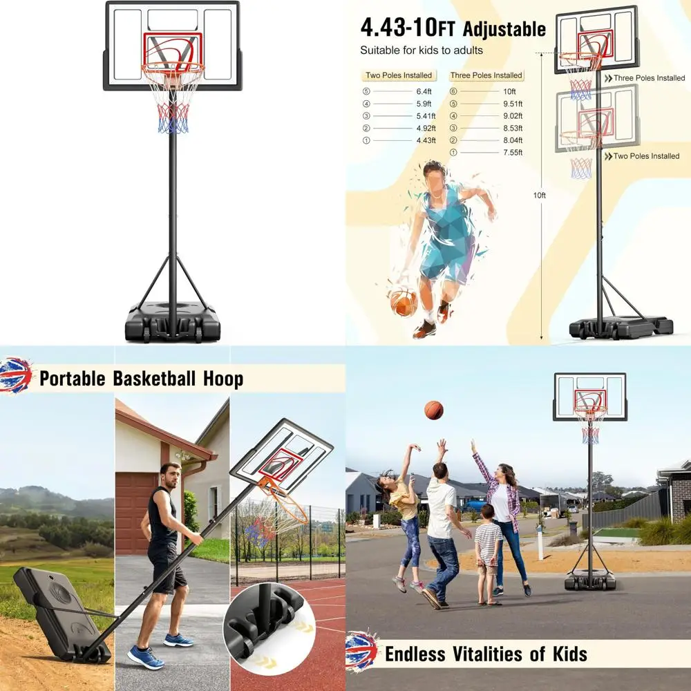 طوق كرة سلة محمول للاستخدام الخارجي - ارتفاع 10 أقدام، قابل للتعديل، لوحة خلفية 44 بوصة، مناسبة للأطفال والشباب والكبار