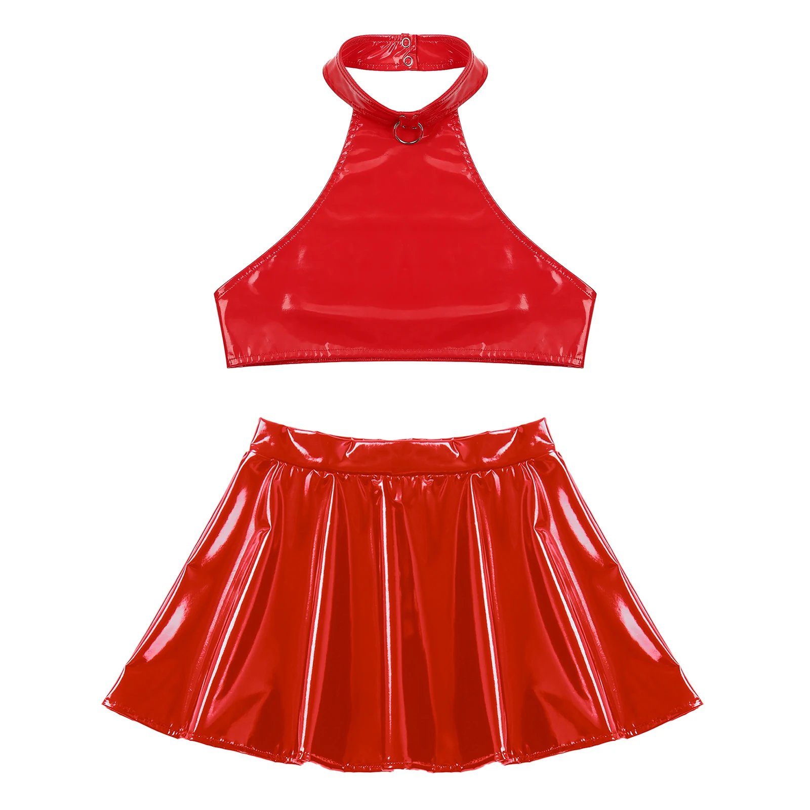 ملابس نسائية مكونة من قطعتين ملابس حفلات الهذيان على شكل حرف O سترة رسن بدون ظهر من الجلد اللامع مع تنورة واسعة بسحاب غير مرئي #5