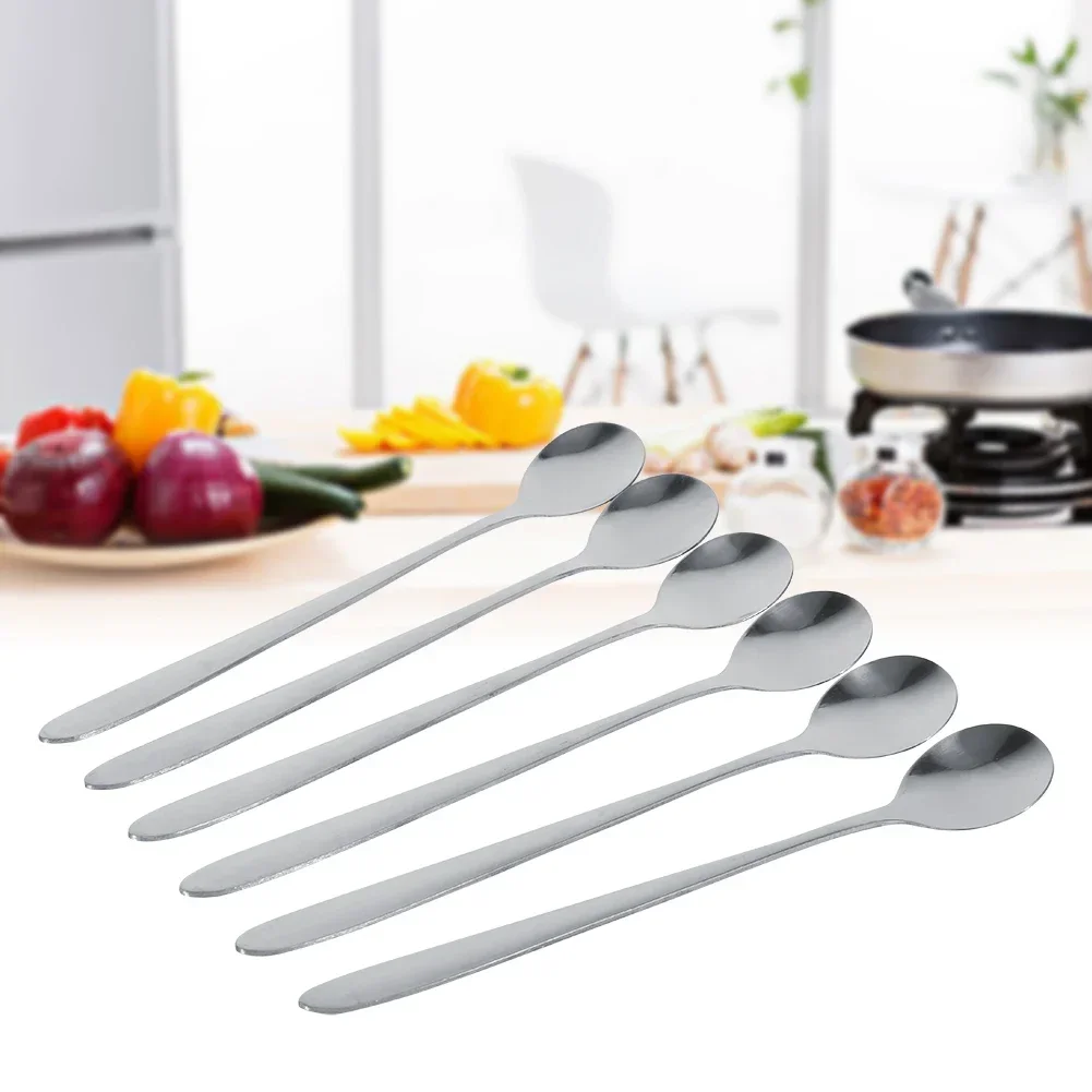 6Pcs Stainless Steel Stylish Long Handle Latte Ice Cream Sundae Coffee Soup Spoon Teaspoons
