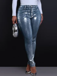 BKQU American Jeans Women Pencil Pants 2024 New Metallic Silver High Waist Streetwear Elastic Skinny Denim Trousers Female y2k