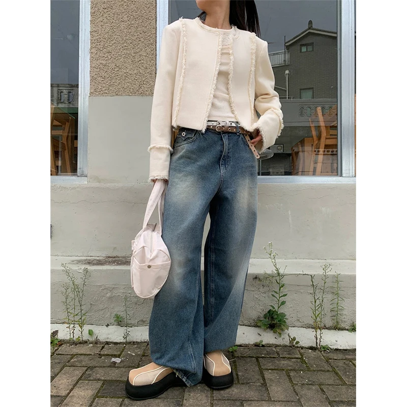 

Retro Street Sle Dongdaemun Waed out White Denim Jeans Women's Straight Leg Long Trousers l Waist Selfwill