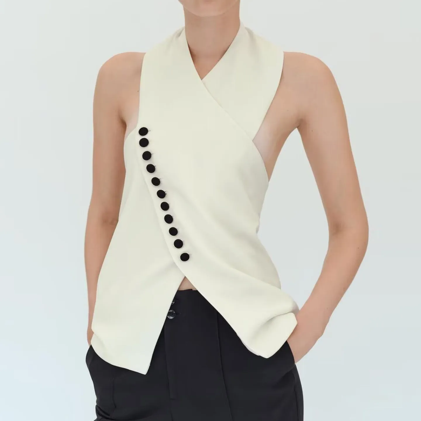 Fashionable Double-Breasted Hanging Collar Vest Women's Autumn Wear ZADATA Brand No Chest Pad Regular Length Outerwear