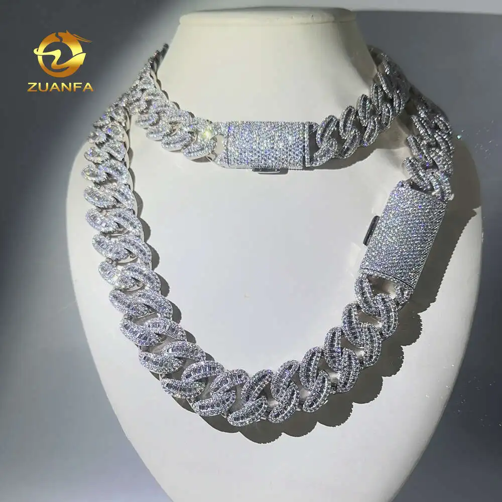 Zuanfa Arrival 18mm 22mm Moon Shape Baguette Moissanite Cuban Link Chain Ice Out Sterling Silver Miami Chain Necklace